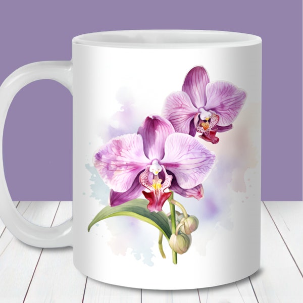 Pink Orchid Mug Wrap, 11oz and 15oz Mug Template, Instant Digital Download, Mug Sublimation PNG, Mother's day Mug, Floral Mug Design