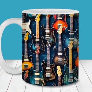 Elektrische gitaar patroon mokomslag, 11 oz en 15 oz mokomslag sjabloon png, instant download, moksublimatie png, elektrische gitaar koffiemok