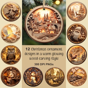 3D Wood Carving Ornament Bundle PNGs | Christmas Ornament PNG | Sublimation png | Instant Download | Farmhouse Christmas png | Sticker png