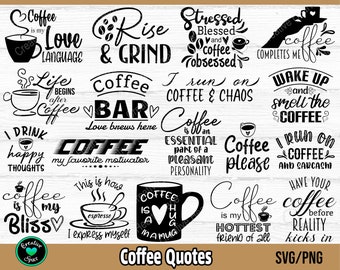 Könnte beinhalten: Eine Sammlung von 15 Schwarzweiß-Kaffeezitaten. Die Zitate werden auf einem weißen Holzgrund angezeigt. Einige der Zitate beinhalten "Kaffee ist meine Liebessprache", "Kaffee ist ein wesentlicher Bestandteil einer angenehmen Persönlichkeit" und "Kaffee vervollständigt mich".