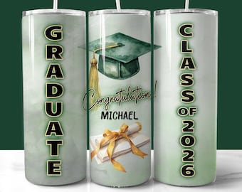 Capa para copo térmico de formatura de 590ml (20oz) nas cores verde e dourado, presente personalizado, arquivo PNG (download digital), turma de 2026.