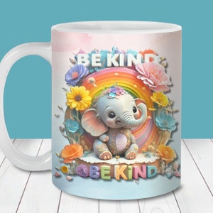 Be Kind Baby Elephant Mug Wrap PNG, 11oz and 15oz Mug Template, Mug Sublimation PNG, Cute Elephant Mug Design, Be Kind Kid&#39;s Mug