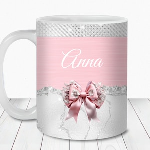 Emballage de tasse de nom de noeud de coquette rose, modèle de tasse de 11 oz et de 15 oz, téléchargement immédiat, sublimation de tasse PNG, conception de tasse glam girly de fille
