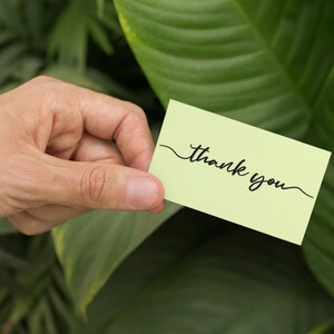 May include: A hand holding a light green card with the words "thank you" written in black cursive.