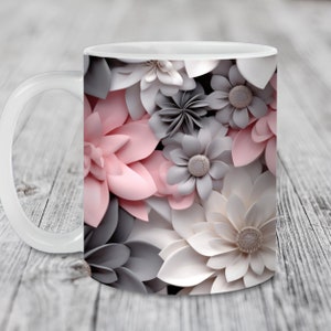 3D Pink White Gray Flowers Mug Wrap, 11oz and 15oz Mug Template, Instant Digital Download, Mug Sublimation PNG, Wedding Gift Mug, Floral Mug