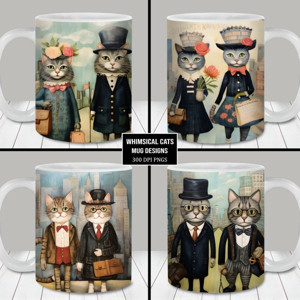 Whimsical Cats Mug Wrap Bundle, 11oz and 15oz Mug Template, Instant Digital Download, Mug Sublimation PNG, Funny Cat Mug Designs