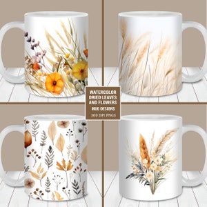 Pacote de embrulho de caneca de folhas secas e flores em aquarela, modelo de caneca de 11 onças e 15 onças, download instantâneo, sublimação de caneca PNG, caneca floral Boho