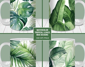 Könnte beinhalten: Vier weiße Tassen mit verschiedenen Aquarell-Designs von tropischen Blättern. Die Tassen stehen auf einer weißen Holzoberfläche. Der Text "WATERCOLOR TROPICAL LEAVES MUG DESIGNS 300 DPI PNGS" befindet sich unter den Tassen.