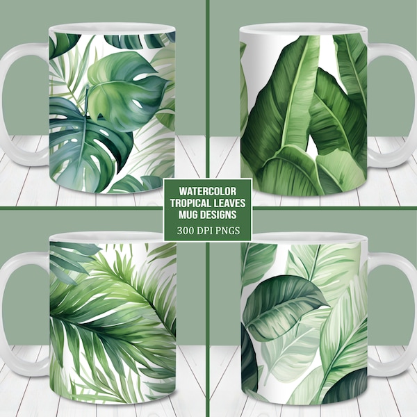 Tropical Leaves Mug Wrap Bundle, 11oz and 15oz Mug Template, Instant Download, Mug Sublimation PNG, Tropical Mug Designs, Green Leaves Mug