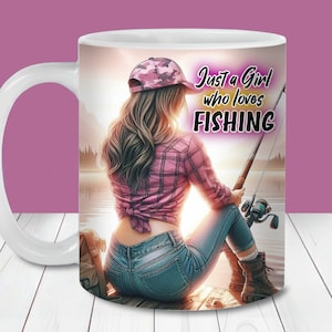 Gewoon een meisje dat houdt van vissen Quote Mok Wrap PNG, 11oz en 15oz Mok Sjabloon, Instant Download, Mok Sublimatie PNG, Meisje Vissen Koffiemok