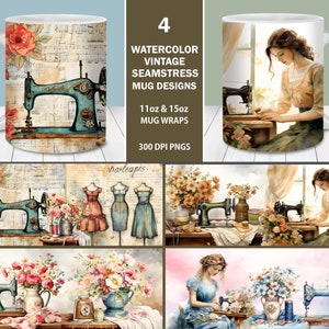 Pacchetto avvolgente tazza a tema cucito Modelli di tazza da 11 once e 15 once, Download digitale istantaneo, Tazza da sarta vintage, Design di tazza per macchina da cucire