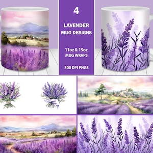 Paquete de envoltura de tazas de granja de lavanda, plantilla de taza de 11 oz y 15 oz, descarga digital instantánea, sublimación de taza PNG, taza de flores de lavanda