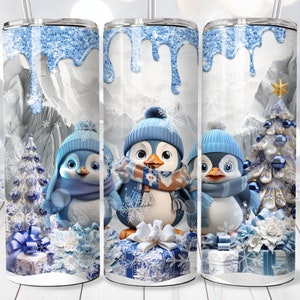 Envoltura de vaso de pingüinos de Navidad azul 3D, sublimación de vaso flaco de 20 oz PNG, envoltura de vaso recto y cónico, descarga digital instantánea