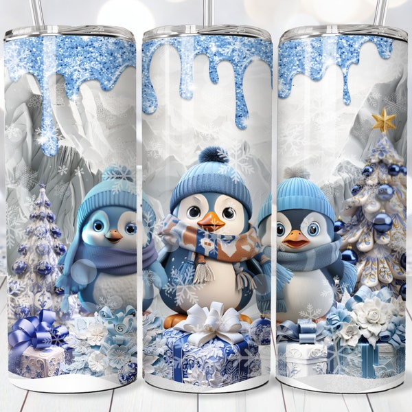 3D Blue Christmas Penguins Tumbler Wrap, 20 oz Skinny Tumbler Sublimation PNG, Straight and Tapered Tumbler Wrap, Instant Digital Download