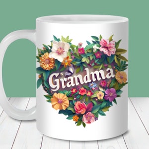 Kubek 3D Babcia Kwiatowe Serce Opakowanie, 11oz i 15oz Szablon Kubka, Natychmiastowe Pobieranie Cyfrowe, Kubek Sublimacja PNG, Kwiatowy Serce Projekt Kubka
