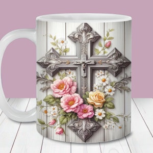 Jesus Blumenkreuz Becherverpackung, 11 Unzen und 15 Unzen Bechervorlage, sofortiger digitaler Download, Becher Sublimation PNG, christlich religiöse Becherverpackung