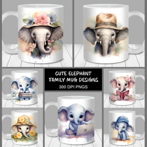 Pacote de embrulho de caneca da família de elefante fofo, modelo de caneca de 11 onças e 15 onças, download digital instantâneo, sublimação de caneca PNG, adicionar nome caneca de café