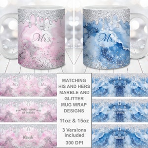 Mr et Mme marbre pailleté Mug Wrap Bundle, modèle de tasse 11 oz et 15 oz, téléchargement immédiat, sublimation de tasse PNG, tasses assorties