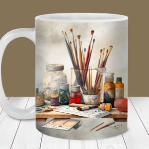 Herramientas de pintura para artistas, envoltura para taza PNG, plantilla para envoltura para taza de 11 oz y 15 oz, descarga digital instantánea, sublimación de taza PNG, taza de café para artistas