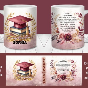 Emballage pour mug avec nom de remise des diplômes 2024 or bordeaux, modèle d'emballage de tasse 11 oz et 15 oz, cadeau de remise des diplômes pour elle, emballage de tasse de diplômé classe 2024