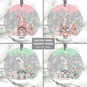 Pink Christmas Gnomes Ornament Bundle, Family Ornament Sublimation PNG, Instant Digital Download, Personalized Gnome Ornament PNG