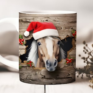 Trou de cheval 3D dans un enveloppement de tasse murale, modèles de tasse de 11 oz et 15 oz, téléchargement numérique instantané, tasse d’animal de ferme PNG, tasse à café d’animal de Noël
