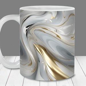 3D White and Gold Marble Mug Wrap, 11oz and 15oz Mug Template, Instant Download, Mug Sublimation PNG, Marble Coffee Mug
