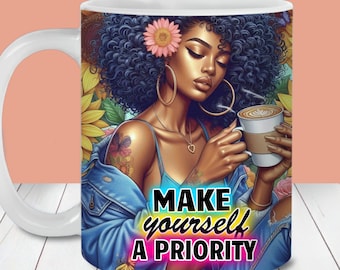 May include: White ceramic mug with a colorful illustration of a woman with a flower in her hair, holding a cup of coffee. The text "MAKE yourself A PRIORITY" is printed on the mug.