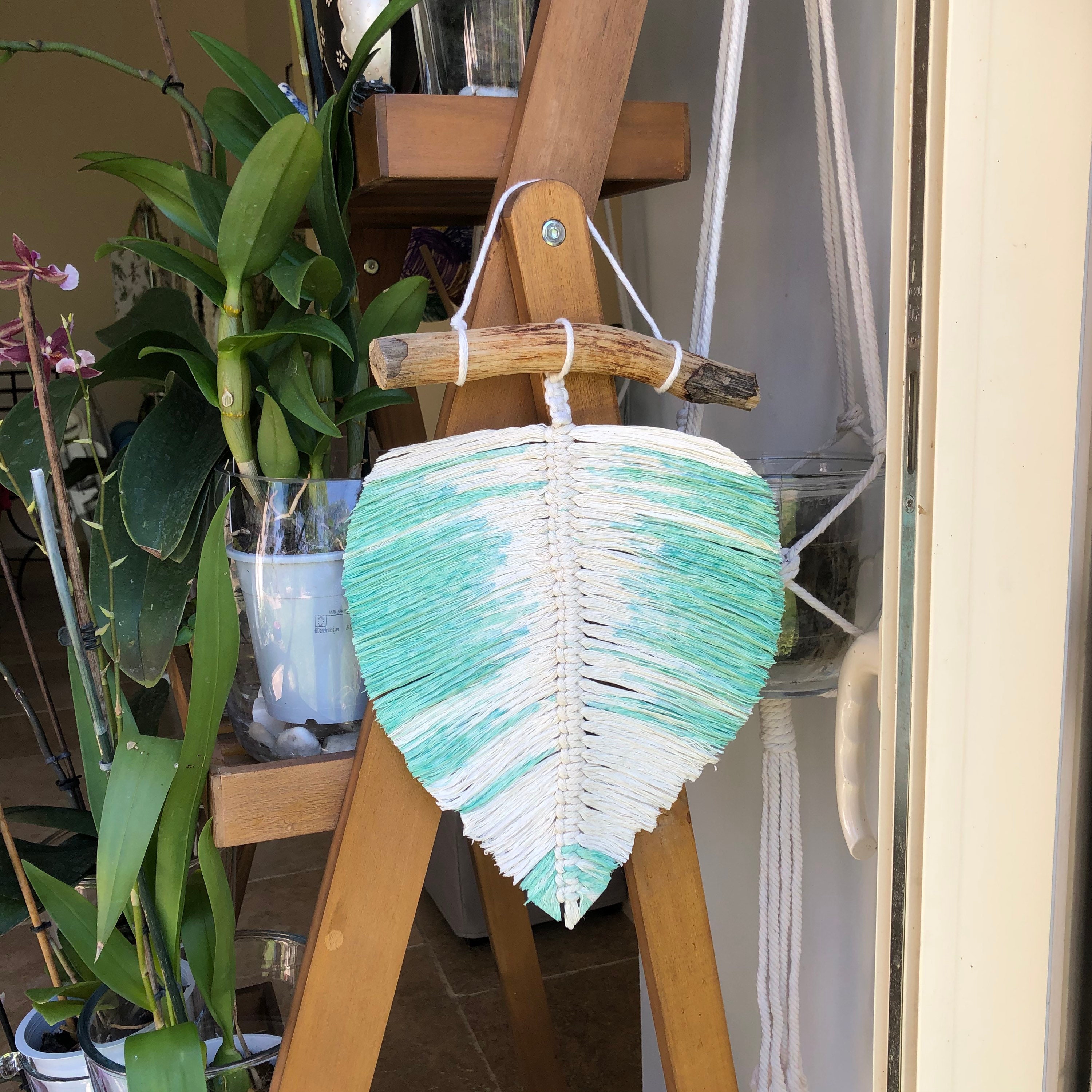 Deco Mural -Feuille Bicolore Macramé, Coton, Fait Main