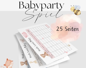 May include: A stack of baby shower game sheets with the title "Babyparty Spiel" in black script. The sheets have pink and beige illustrations of a teddy bear, a fox, and a bee. The text "25 Seiten" is also visible.