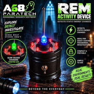 May include: A black cylindrical REM activity device with a vertical antenna and a central blue LED surrounded by a ring of smaller red LEDs. The device features a metal toggle switch on the front and text including A68 PARATECH and REM ACTIVITY DEVICE.