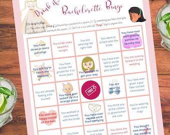 May include: Pink bachelorette bingo card with illustrations of a bride, a cat, a glass of champagne, and earrings. The card has a grid of 25 squares with different prompts for drinking games, such as "You have three or more piercings" and "You have ever worn granny panties on laundry day".