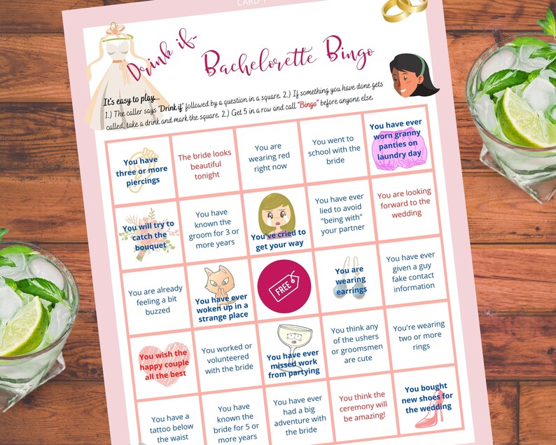 May include: Pink bachelorette bingo card with illustrations of a bride, a cat, a glass of champagne, and earrings. The card has a grid of 25 squares with different prompts for drinking games, such as "You have three or more piercings" and "You have ever worn granny panties on laundry day".