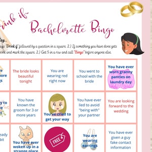 May include: A pink and white bachelorette bingo card with squares containing prompts like "You have three or more piercings" and "You have ever worn granny panties on laundry day".