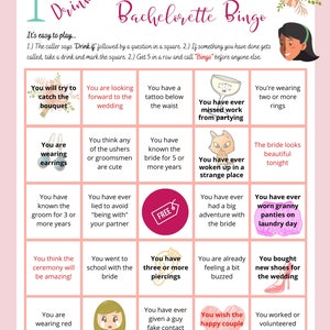 May include: A pink and white bachelorette bingo card with 25 squares. Each square has a different activity or event related to a bachelorette party. The card is decorated with flowers and a glass of champagne.