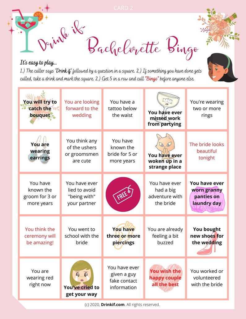 May include: A pink and white bachelorette bingo card with 25 squares. Each square has a different activity or event related to a bachelorette party. The card is decorated with flowers and a glass of champagne.