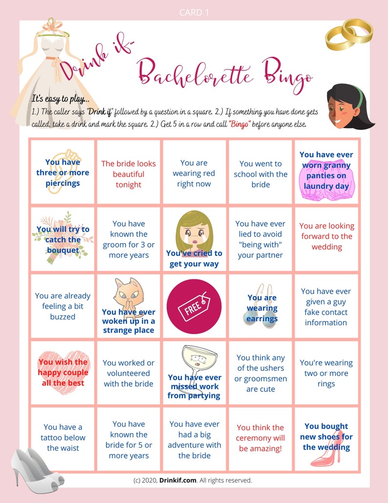 May include: A pink and white bachelorette bingo card with 25 squares. Each square has a different question or scenario related to the bride and her wedding. The card is designed to be played with friends and family at a bachelorette party.