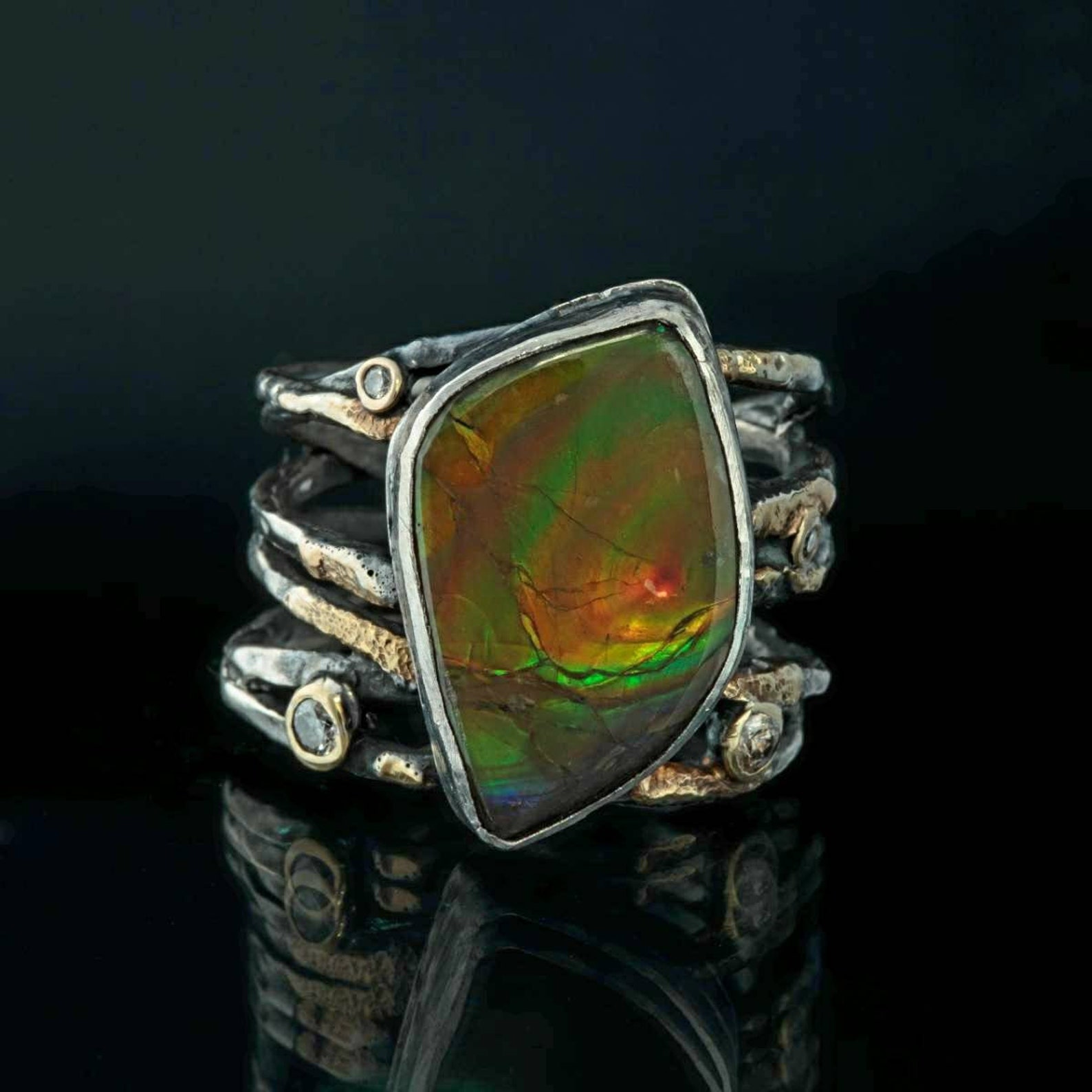 Ammolite Ring in Oxidized Sterling Silver With 22K Yellow Gold and