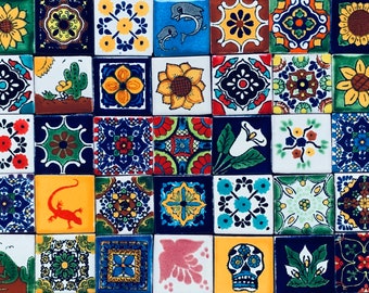 50 Mixed Talavera Tiles, Mexican Tile, Ceramic Tile, Handmade, Hand painted 1.25X1.25"