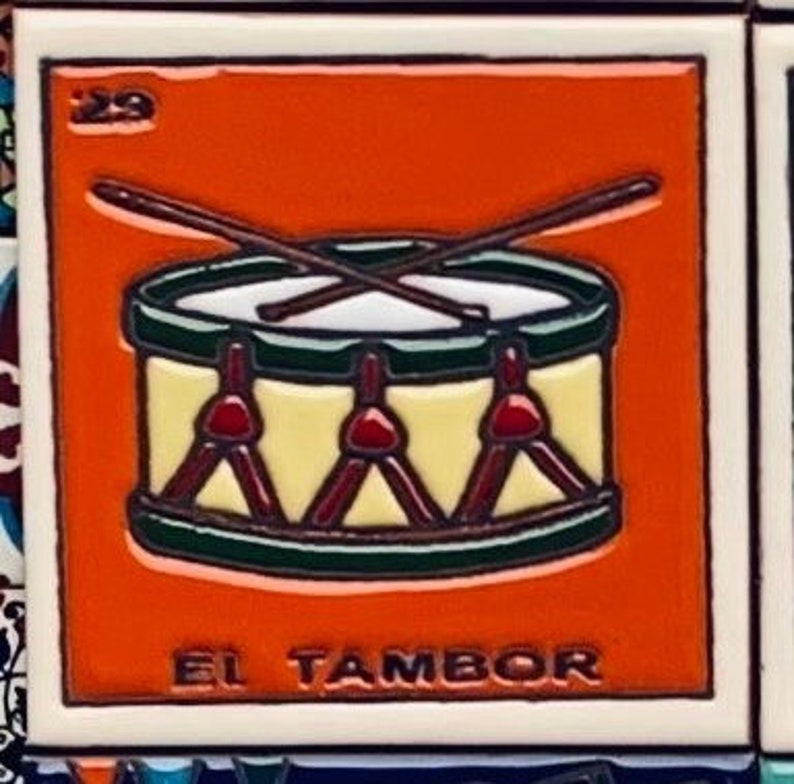 SALE, Limited Tile Designs, Loteria, Talavera Mexican Tile, Ceramic Tile, Handmade, Home Decor, Coasters, Hand painted 4X4 El Tambor