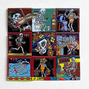 May include: A grid of nine square ceramic tiles featuring colourful illustrations of skeletons in various daily activities, including playing violin, using a phone, grilling, running, working at a computer, swimming, shopping, and watching television.