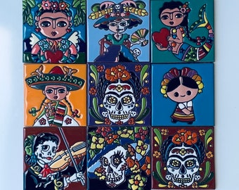 HOLIDAY SALE: Talavera Mexican Tile, Frida Kahlo Day Of The Dead, Ceramic Tile, Coasters, Handmade, Hand painted 4X4"
