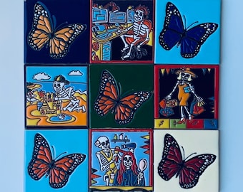 Talavera Mexican Tile, Butterfly, Ceramic Tile, Handmade, Hand painted 4X4"