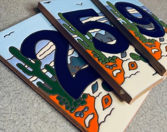 SALE: House Number Tiles, Address Numbers, Ceramic Tile, Talavera, Hand Painted, Hand-made, Housewarming Gift, 6"x3"