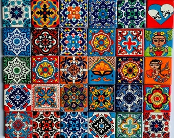 40 Mixed Talavera Tiles, Mexican Tile, Ceramic Tile, Handmade, Hand painted 2X2"