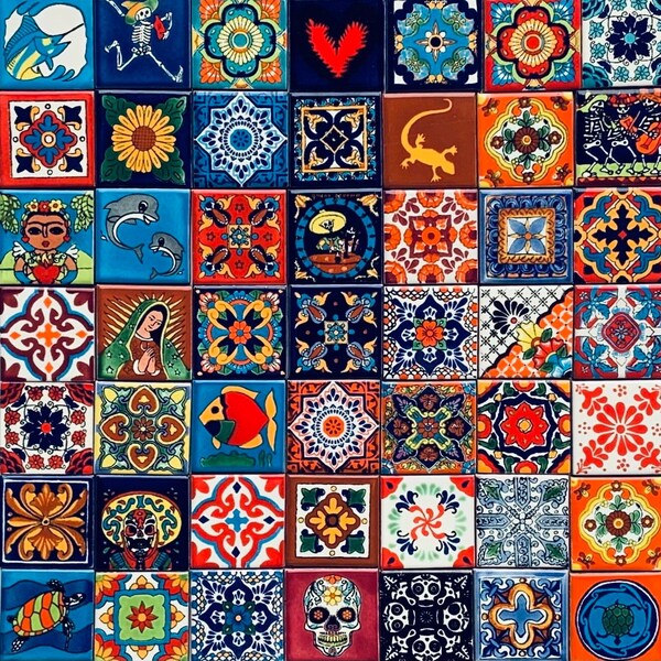 55 Mixed Talavera Tiles, Mexican Tile, Ceramic Tile, Handmade, Hand painted 2X2"