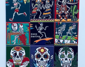 Azulejo Mexicano de Talavera, Tema del Día de Muertos, Azulejo cerámico, Hecho a mano, Esqueletos, Decoración del hogar, Posavasos, Pintado a mano 4X4"