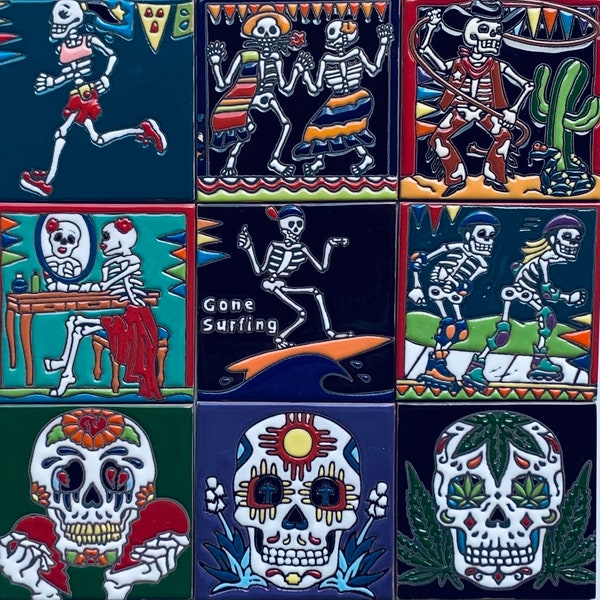 Talavera Mexican Tile, Day Of The Dead Theme, Ceramic Tile, Handmade, Skeletons, Home Decor, Coasters, Hand painted 4X4"