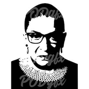 May include: Black and white silhouette portrait of Ruth Bader Ginsburg, a prominent Supreme Court Justice, wearing glasses and a lace collar.