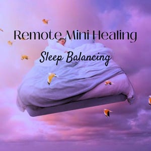 May include: A white bed floating in a purple sky with the text "Remote Mini Healing Sleep Balancing" above it.  There are small yellow birds flying around the bed.